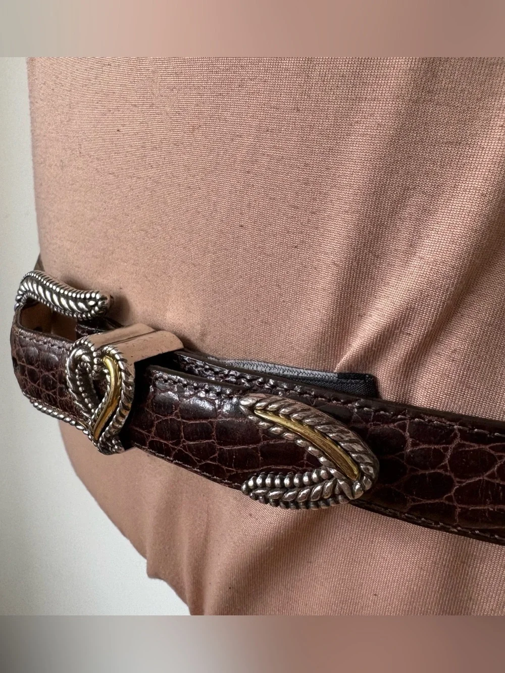 Brighton Vintage Croc Embossed Brown Leather Heart Two Tone Western Belt Sz L/34